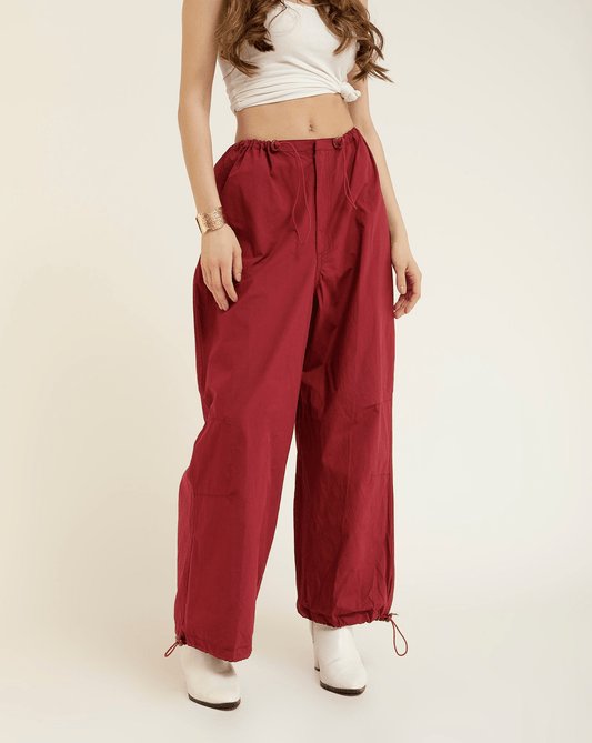 ADJUSTABLE SLIDER PARACHUTE PANTS,adjustable strap, adjustable waist, bottomwear, cotton, drawstring, full length, high rise, high waist, maroon, new drop april 24, pants, parachutes, trousers,parachute-adjustable-slider-trouser,