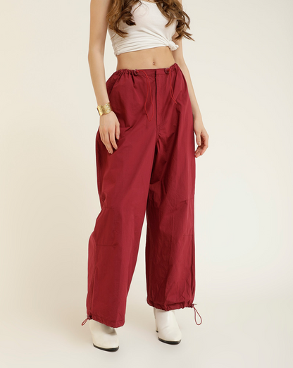 ADJUSTABLE SLIDER PARACHUTE PANTS,adjustable strap, adjustable waist, bottomwear, cotton, drawstring, full length, high rise, high waist, maroon, new drop april 24, pants, parachutes, trousers,parachute-adjustable-slider-trouser,