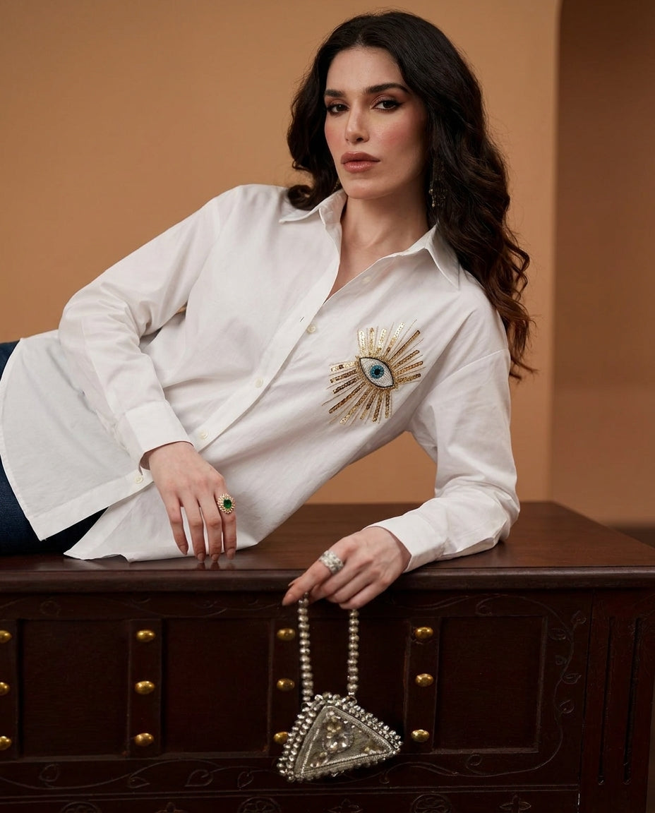 White Evil Eye Embellished Shirt