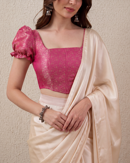 Fuchsia Puff Sleeve Brocade Saree Corset Blouse