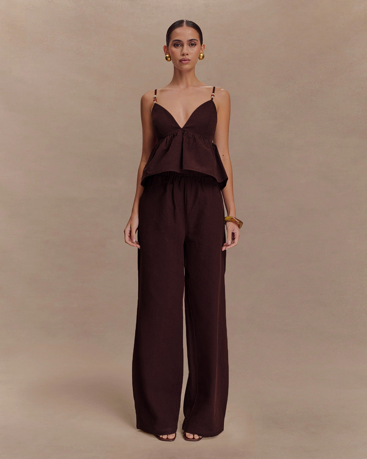 coord sets,bottomwear, topwear,casual chic, outddoors, vacation, lunch date, summer,urban fit, genz, minimal,woven,cotton,,,dark brown,solid,gathers,beads,regular fit top,cami neck top,waist length top,flared hem,sweetheart neck,adjustable straps,no sleeves,sleeveless,slip on top,pants,wide leg pants,full length,straight hem,mid rise waist,side pockets, OY3053, 25070024GG
