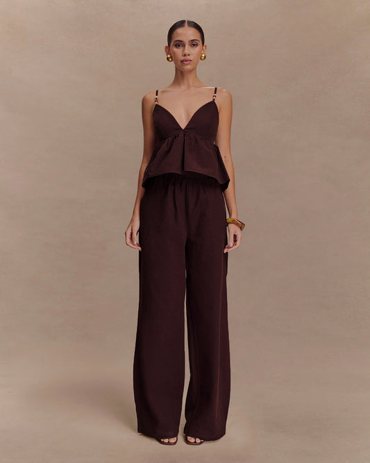 coord sets,bottomwear, topwear,casual chic, outddoors, vacation, lunch date, summer,urban fit, genz, minimal,woven,cotton,,,dark brown,solid,gathers,beads,regular fit top,cami neck top,waist length top,flared hem,sweetheart neck,adjustable straps,no sleeves,sleeveless,slip on top,pants,wide leg pants,full length,straight hem,mid rise waist,side pockets, OY3053, 25070024GG