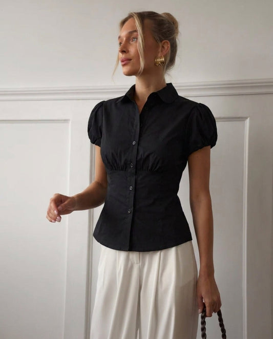 Black Puff Sleeve Cinched Shirt