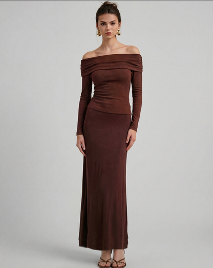 Brown Bardot Top With Skirt - Coord Set