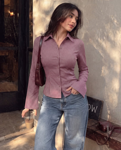 Burgundy Gingham Check Flared Sleeve Fitted Shirt