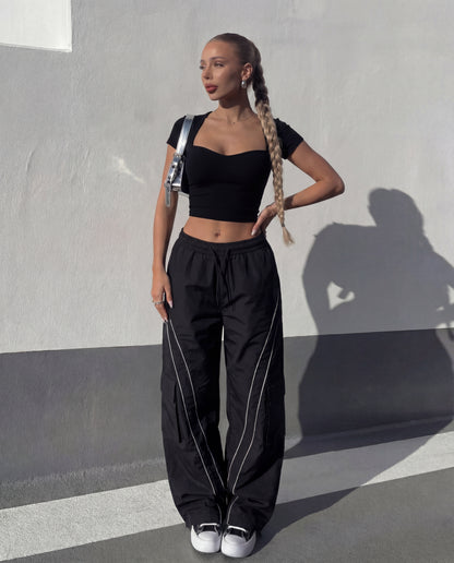 Sweet Heart Neckline Ribbed Top With Stripped Baggy Korean Pants