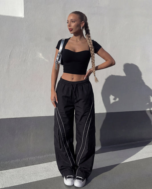 Sweet Heart Neckline Ribbed Top With Stripped Baggy Korean Pants