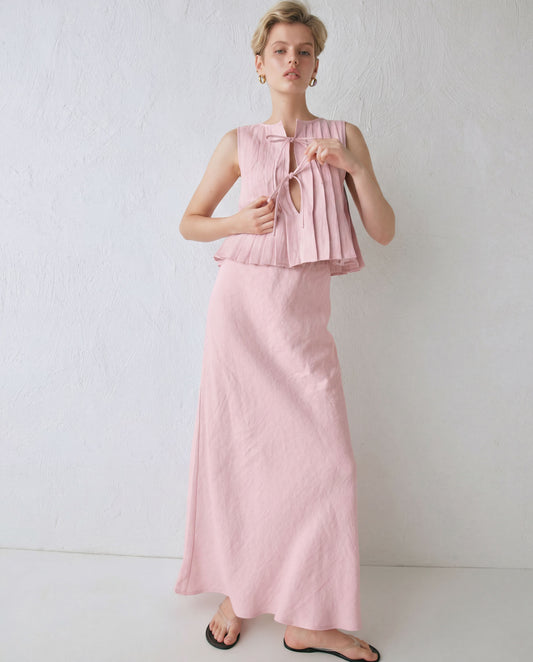 Sleeveless Linen Blend Top & Maxi Skirts Co-Ord Set Light Pink