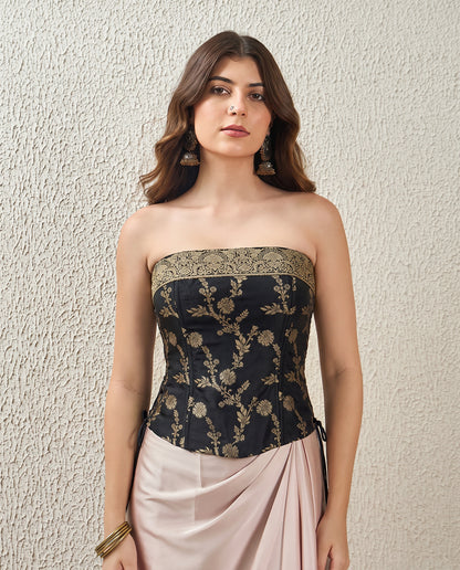 Black Floral Brocade Strapless Corset Top