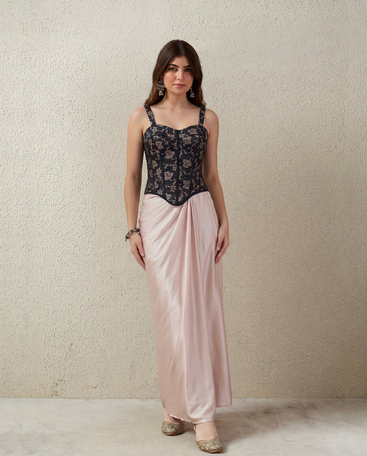 Black Gold Brocade Corset Top & Satin Skirt Set