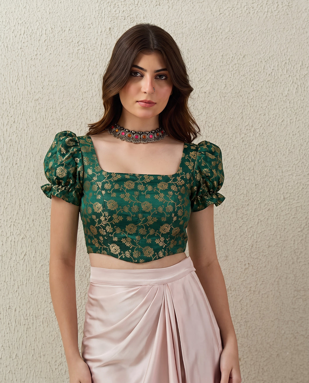 Teal Green Puff Sleeves Brocade Corset Top
