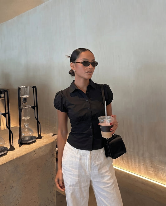 Black Puff Sleeve Fitted Cotton Shirt