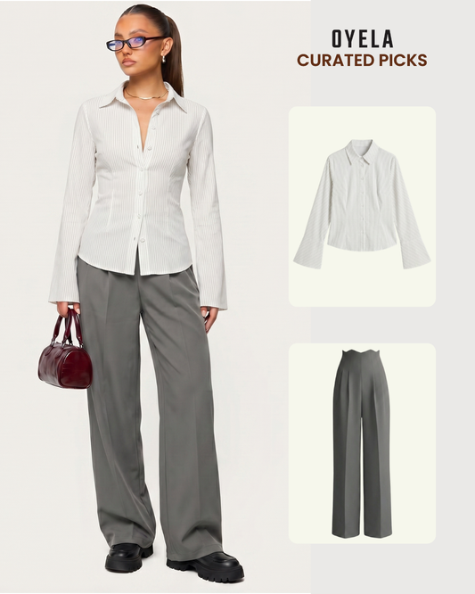 White Pinstripes Flared Shirt and Corset Waist Pleated Pants
