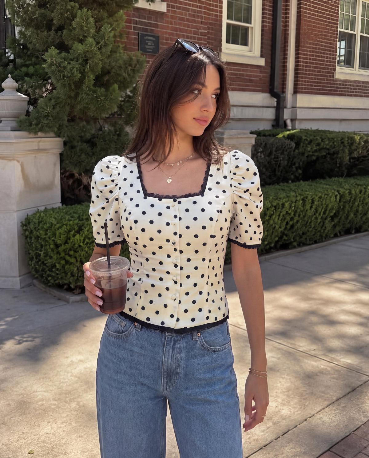 offwhite polka dot Lace-Trim Top