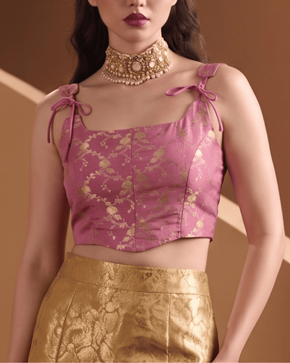 Carnation Pink Tie Up Strap Brocade Corset Top