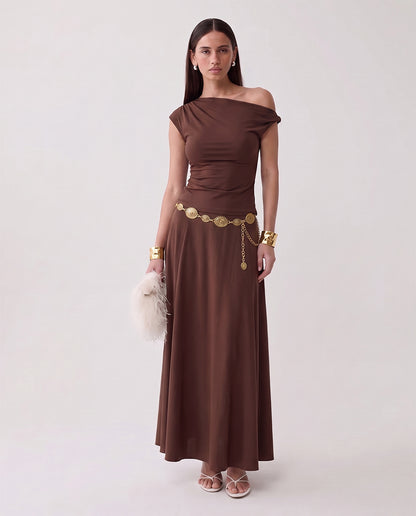 Brown Fitted Knot Shoulder Top & Skirt Set