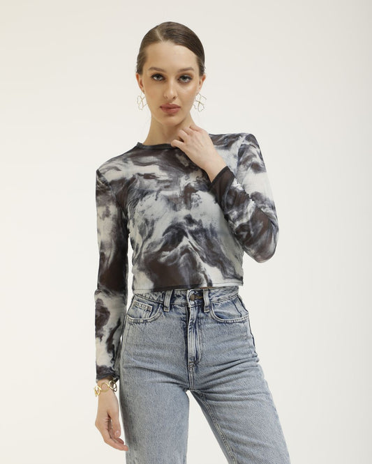 ABSTRACT PRINTED MESH TOP,abstract, black, crew neck, crop, full sleeves, grey, lycra, mesh, printed, sheer, slim fit, stretchable, tops, topwear, white,abstract-printed-skinny-top,Neck - Crew neckSleeve - Full sleevesFit - Slim fitPrint/Pattern - Abstract printedColor - Black, White, GreyMaterial - 4 way stretch mesh Size - Waist ( 26 - 32 ), Bust ( 30 - 34 )