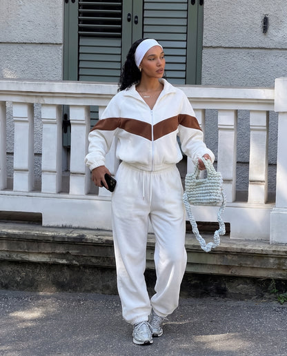 White Color Block Fleece Sweat Set