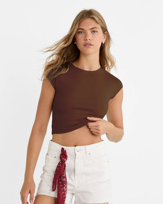 topwear,tops,casual,summer, streetwear,knitted, stretchable,cotton, ribbed,brown,solid,slim fit,fitted,crop,crew neck,cap sleeves,short sleeves,25040005GG, OY1247