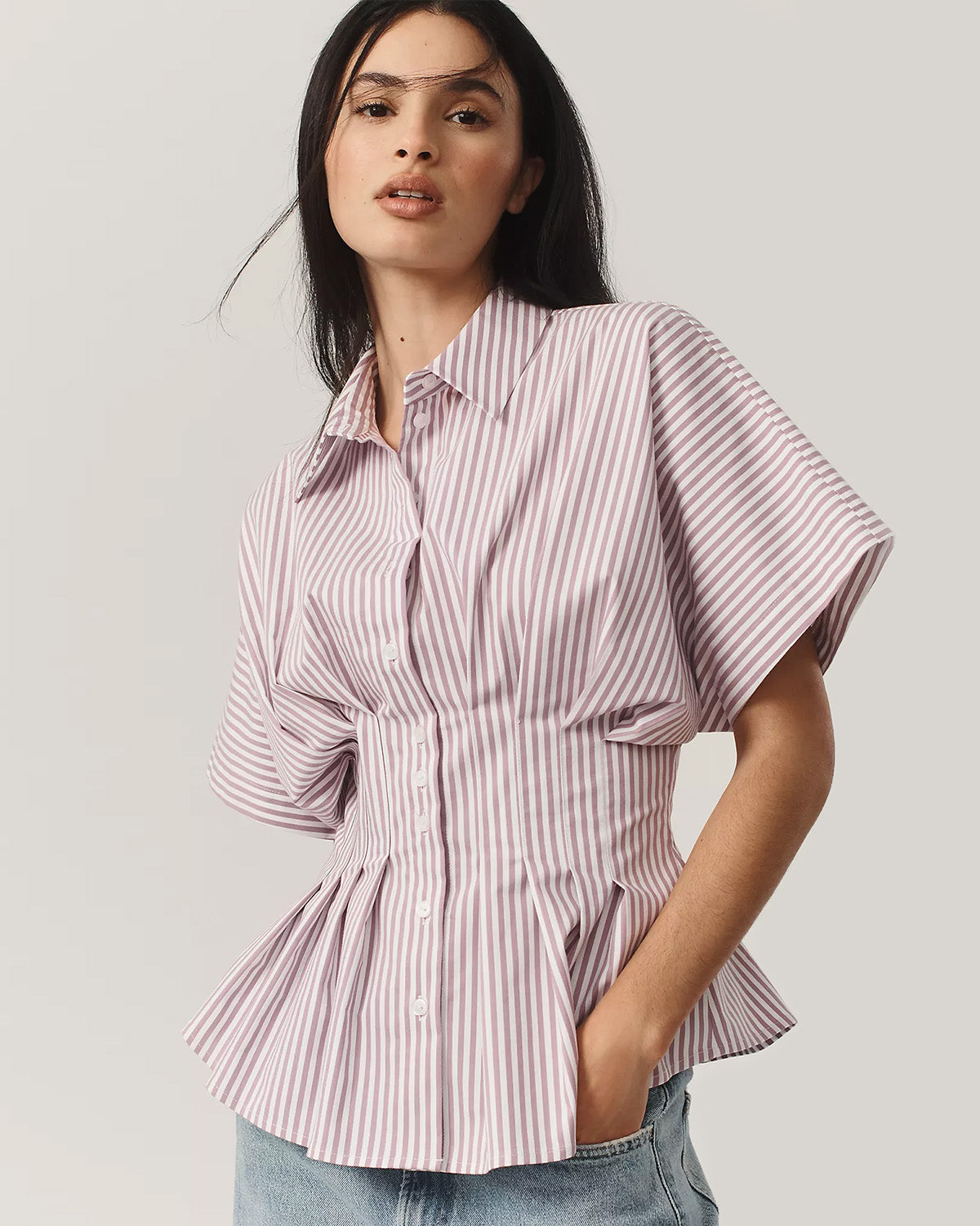 topwear,tops,casual, outdoor events,minimal, summer, streetwear,woven,linen,printed,Dusty Pink ,color block, pinstripes,pleated, pinstripes,button,tailored fit,fit and flare,waist length,curved hem,shirt collar,batwing sleeve,short sleeves	25060049GG, OY2017