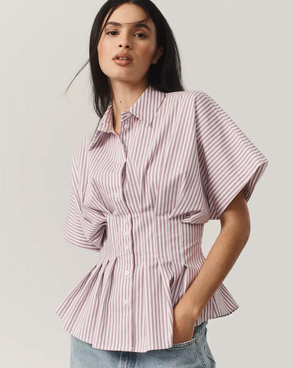 topwear,tops,casual, outdoor events,minimal, summer, streetwear,woven,linen,printed,Dusty Pink ,color block, pinstripes,pleated, pinstripes,button,tailored fit,fit and flare,waist length,curved hem,shirt collar,batwing sleeve,short sleeves	25060049GG, OY2017