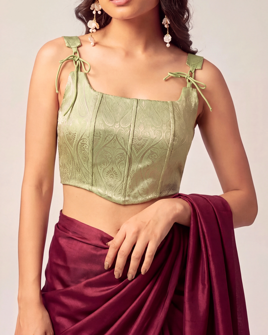 Mint Green Brocade Saree Corset Blouse