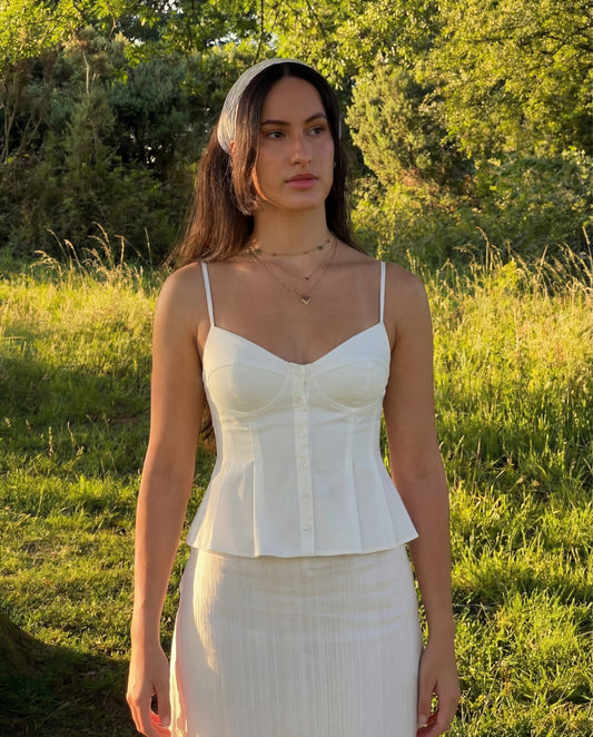 topwear,tops,outdoor events,bold, glam,woven,cotton,white,solid,flounce,zipper,skinny fit,peplum,waist length,flared hem,v-neck,spaghetti strap,sleeveless, OY1916, 25060021GG