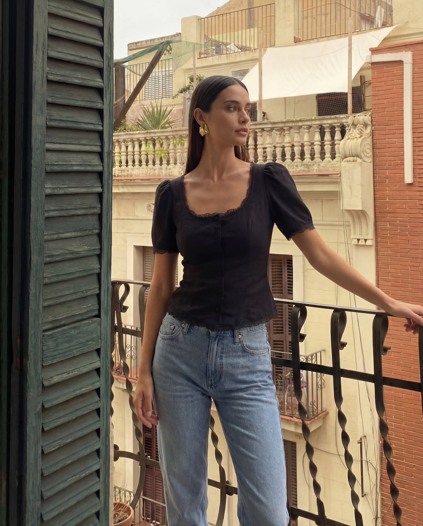 topwear,tops,casual, vacation, outdoor events,minimal, summer,woven,cotton,black,solid,lace,slim fit,fitted,waist length,scalloped hem,square neck,puff sleeves,short sleeves,OY1908, 25060008GG