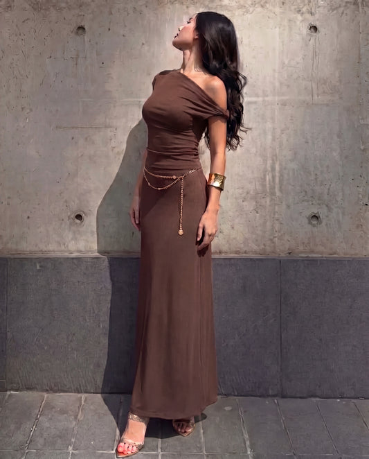 Brown Fitted Knot Shoulder Top & Skirt Set