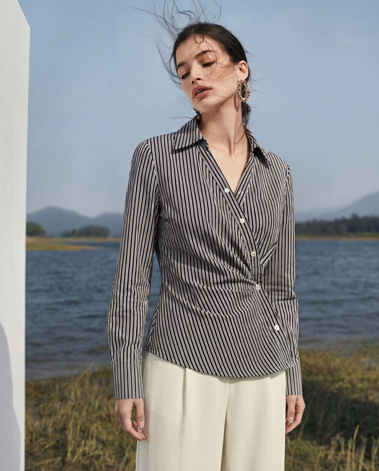 Black pinstripe shirt for women's office wear with tailored fit and breathable fabric, effortless styling for full day comfort