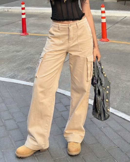 Beige Wide Leg Adjustable Cargo