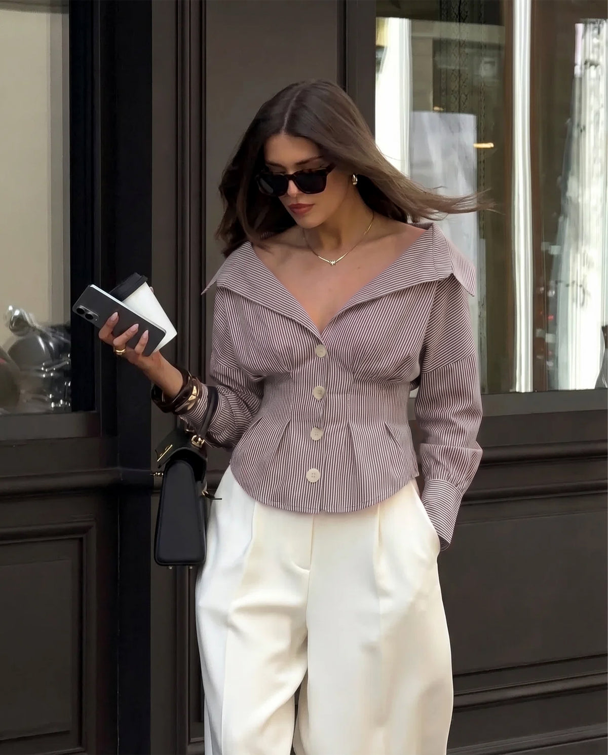 Brown Stripe Shirt With Cinched Waist