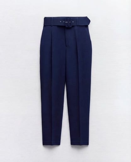 Belted Tapered Pants With Belt - Dark Blue