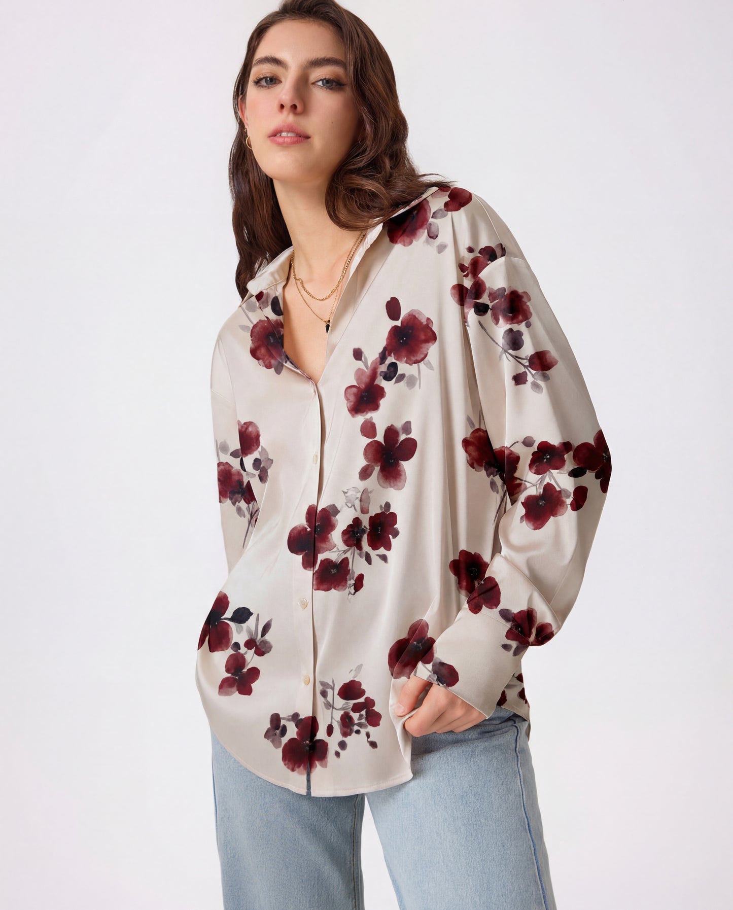 Wine Blossom Florals Satin Shirt
