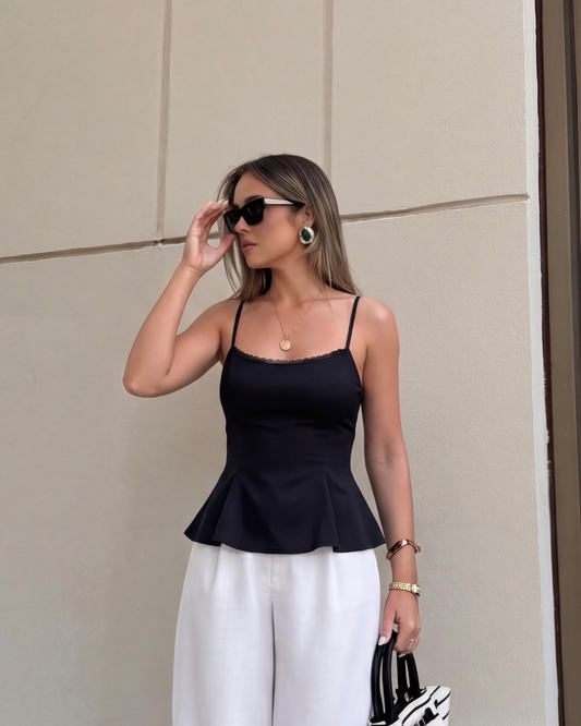 topwear,tops,casual, outdoor events,minimal, soft girl, summer,woven,cotton,black,solid,lace,slim fit,fit and flare,waist length,straight hem,square neck,spaghetti strap,sleeveless, OY1922, 25060027GG