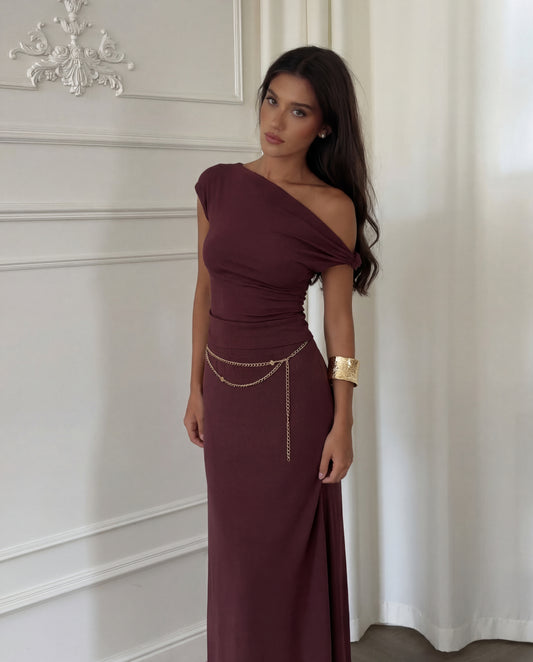 Earthy Brown Co-Ord Set- One Shoulder Ribbed Top