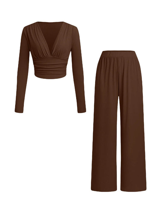 coord sets,bottomwear, topwear,casual, casual chic, vacation,genz fit, minimal, summer,knitted, stretchable,ribbed,brown,solid,panelling,NA,slim fit top,crop top,crop top,straight hem,v-neck,no straps,set in sleeve,long sleeves,trousers,straight leg trouser,full length,straight hem,mid rise waist,no pockets, OY2150, 25080009GG