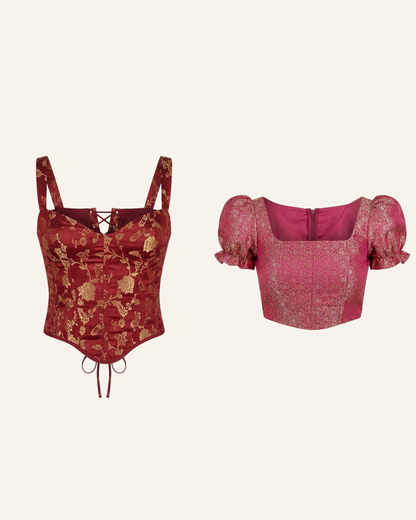 Set of 2 Red Wine and Fuschia Pink Banarasi Brocade Corset Tops