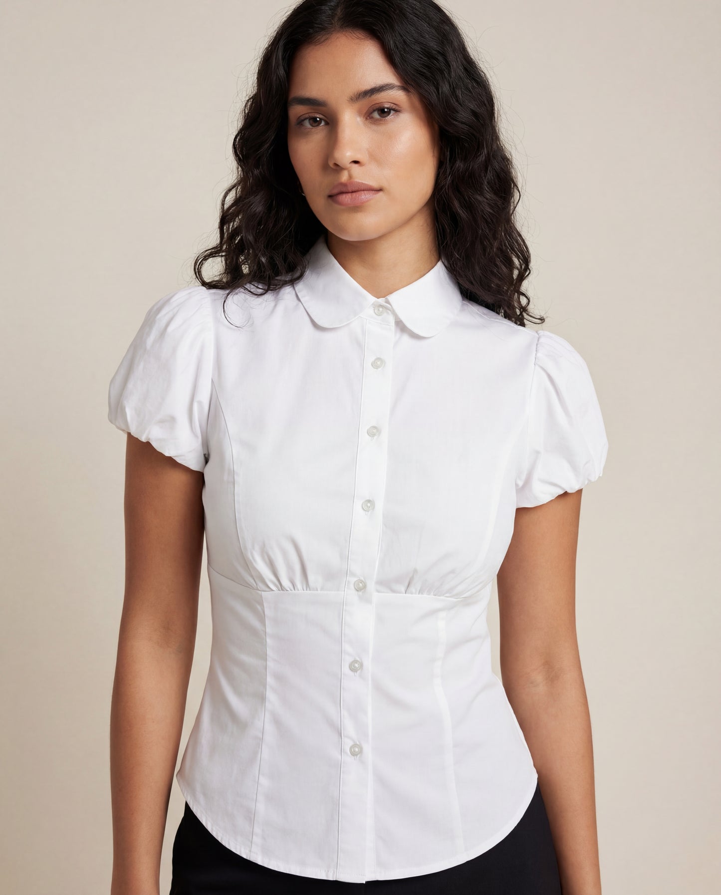 topwear,tops,casual, semi-formal,minimal, summer, timeless,woven,cotton,white,solid,ruched,button,slim fit,waist length,straight hem,collared,puff sleeves,short sleeves, OY1905 - White, 25060018GG