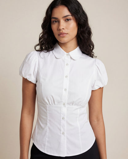 topwear,tops,casual, semi-formal,minimal, summer, timeless,woven,cotton,white,solid,ruched,button,slim fit,waist length,straight hem,collared,puff sleeves,short sleeves, OY1905 - White, 25060018GG