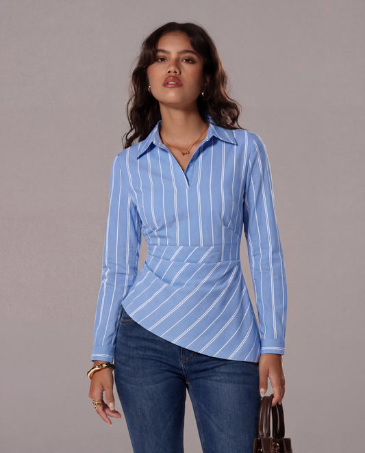 Blue Pinstripe Asymmetric Hem Shirt
