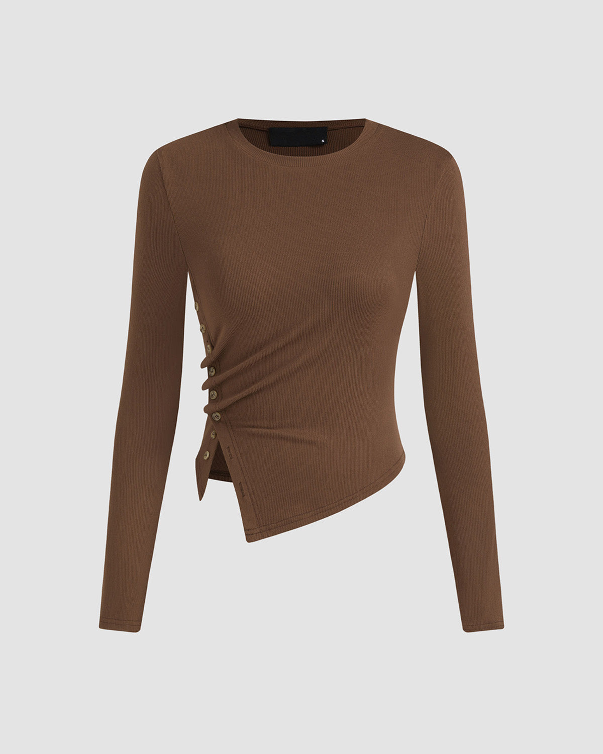 topwear,tops,casual, casual chic, vacation,minimal, summer,knitted, stretchable,ribbed,,brown,solid,gathered,button,skinny fit,button down,waist length,asymmetric hem,crew neck,no straps,set in sleeves,long sleeves	25080014GG, oy2152