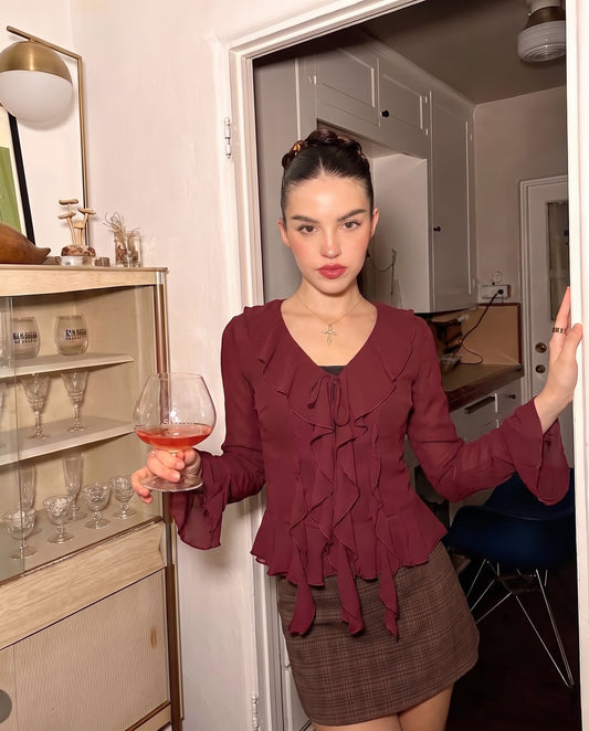Ruffled Flared Sleeve Burgundy Top