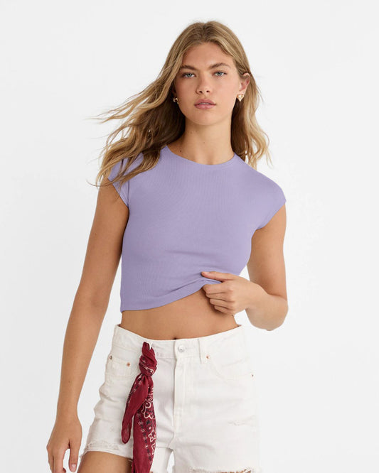 topwear,tops,casual,summer, streetwear,knitted, stretchable,cotton, ribbed,lavender,solid,slim fit,fitted,crop,crew neck,cap sleeves,short sleeves,25040004GG, OY1247