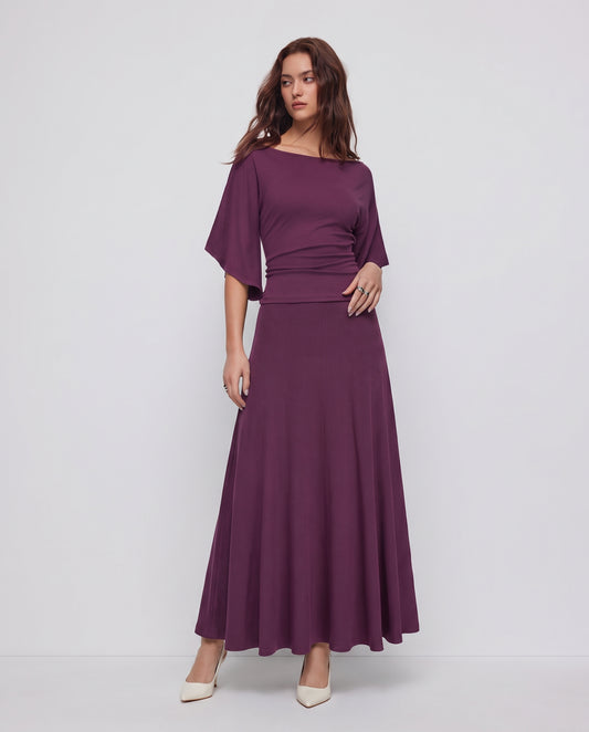 Burgundy Assymetric Sleeve Top & Skirt Cord Set