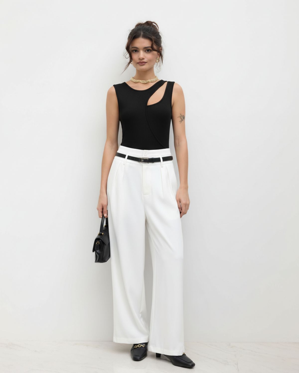 bottomwear,pants,semi-formal,business outfit,stretchable,polyester, spandex,white,pleated,tailored fit,wide leg,full length,high rise, 24090003GG, OY959