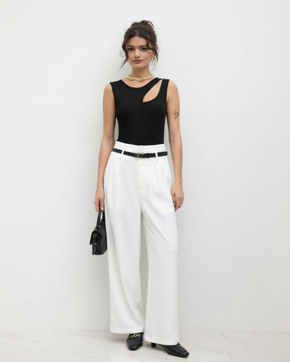 bottomwear,pants,semi-formal,business outfit,stretchable,polyester, spandex,white,pleated,tailored fit,wide leg,full length,high rise, 24090003GG, OY959