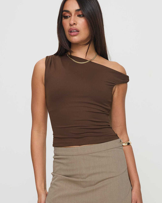 brown-one-shoulder-ribbed-top-brown-oy1507,25010007GG52,topwear,tops,casual,glam, minimal, streetwear,knitted,ribbed,brown,solid,slim fit,fitted,regular,one shoulder,off shoulder,sleeveless,Color: Brown
Fabric: Ribbed
Fit: Slim Fit 
Length: Regular
Neck: Asymmetric Neck
Print: Solid
Detail: One shoulder down ,BROWN ONE SHOULDER RIBBED TOP