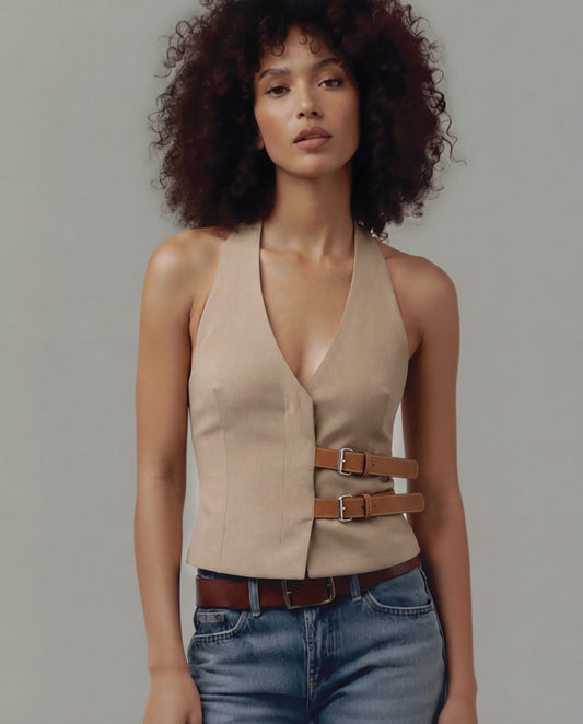 Beige Belted Halter Vest Top