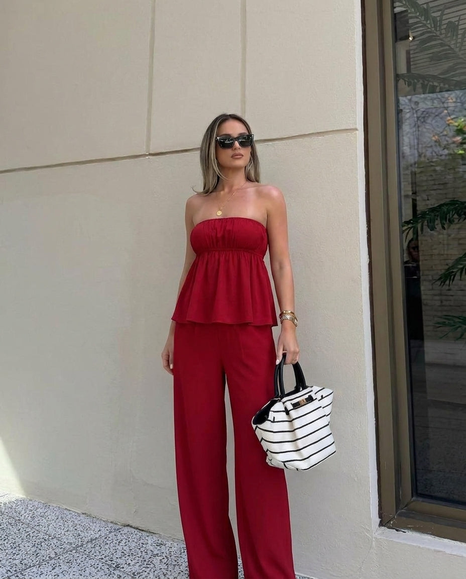 Cherry Red Bandeau Top And Pants Co Ord Set